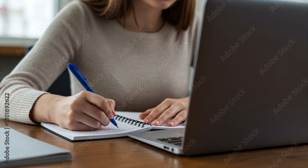 Naklejka premium Joven mujer escribiendo en un cuaderno mientras trabaja en una laptop en casa o en una oficina moderna. Aprendizaje en línea. Conferencia en línea. Trabajo desde casa.