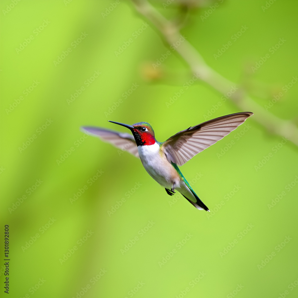 Fototapeta premium Ruby Throated Hummingbird Hovering in the Green Forest