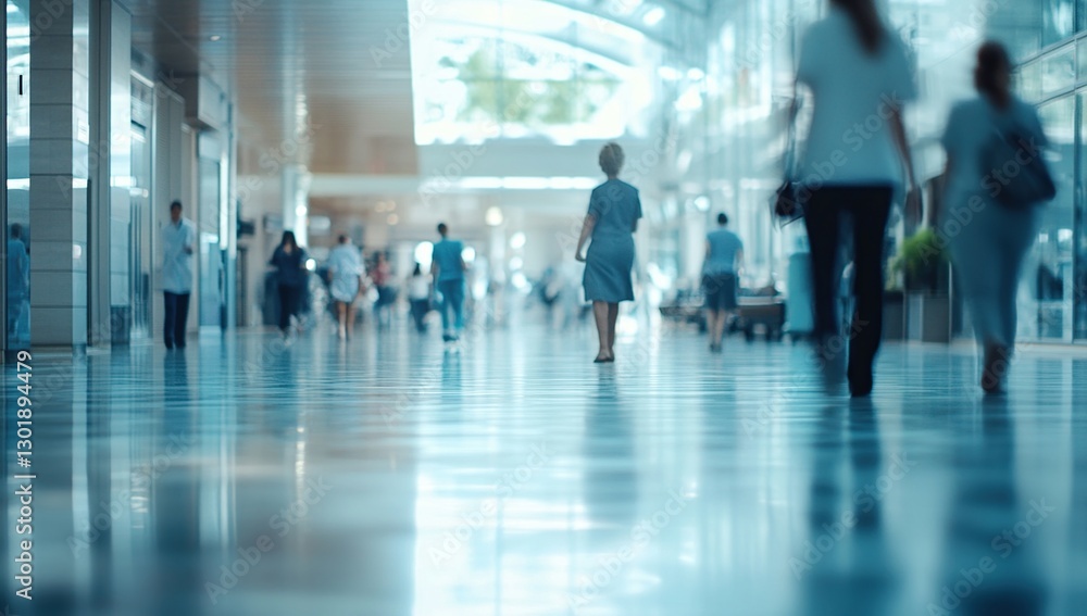Blurred Motion of People Walking in a Modern Hospital Hallway Blurred Motion of People Walking in a Modern Hospital Hallway