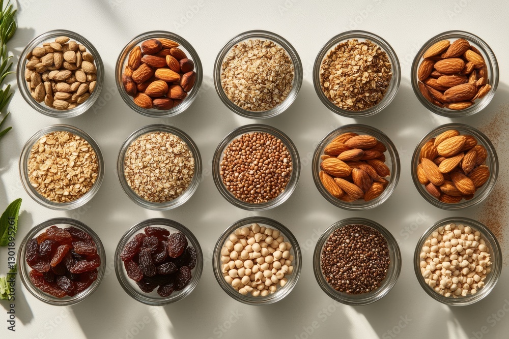 A vibrant assortment of nuts, seeds, and dried fruits in glass containers. A vibrant assortment of nuts, seeds, and dried fruits in glass containers.