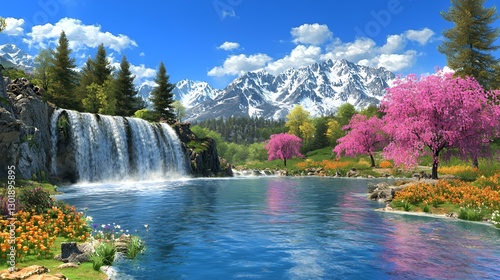 Vibrant Spring Landscape with Waterfall and Mountains