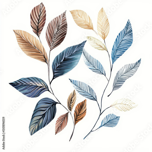 Beautiful watercolor leaves in various colors and styles create serene and artistic composition. blend of earthy tones and cool blues adds calming touch to any space
