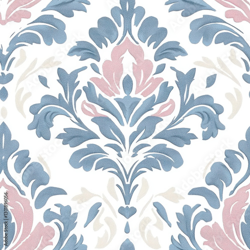 Elegant floral damask pattern in soft pastel colors on white background, perfect for interior design and home decor