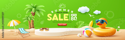 Summer sale podium, Duck yellow shaped inflatable ring, coconut tree, banner design, on sand beach and green background, EPS 10 vector illustration