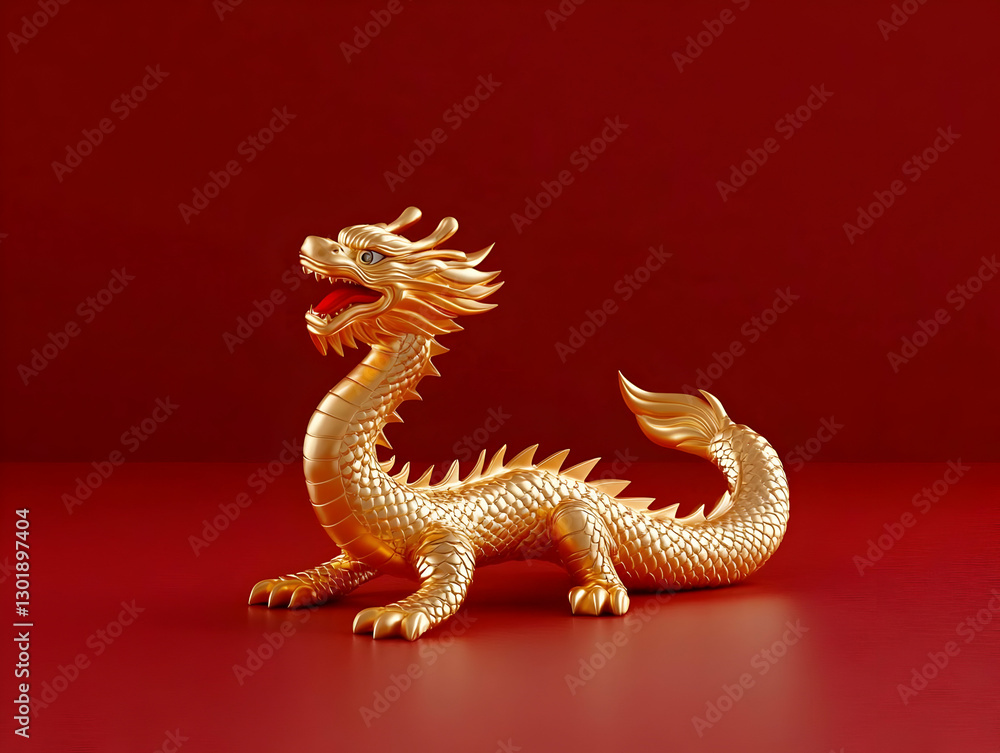 Fototapeta premium 3D Golden Dragon Illustration, Mythical Creature on Red Background