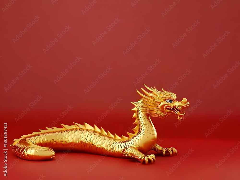 Obraz premium 3D Golden Dragon Illustration Red Background Mythical Creature