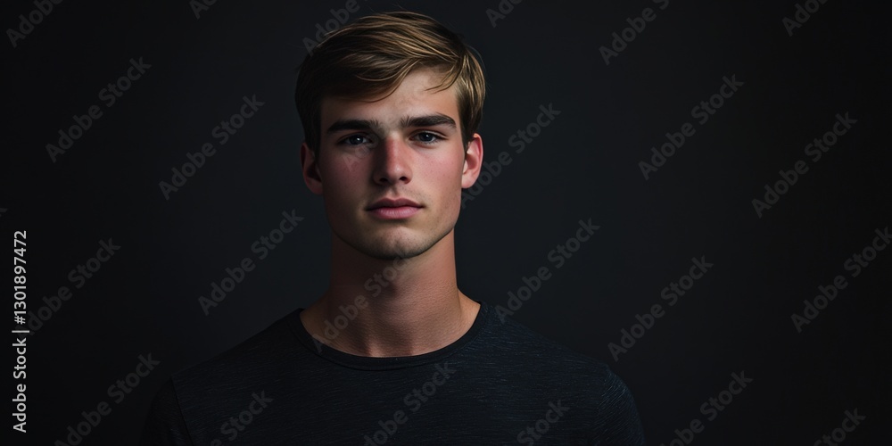 Fototapeta premium Portrait of a Young Man with Natural Lighting Against a Dark Background
