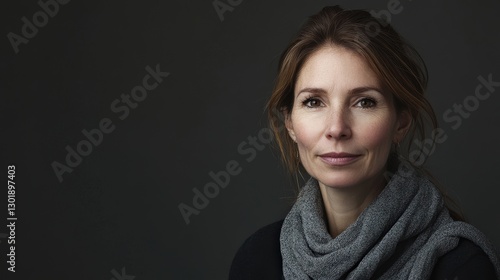 Portrait of a Woman with a Gray Scarf Against a Dark Background