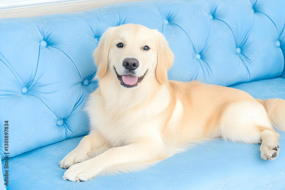 Obraz premium Photo Golden Retriever Dog Relaxing on Blue Sofa Pet Canine Comfort