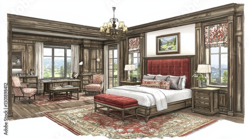 Luxury Bedroom Design Sketch, Mountain View photo