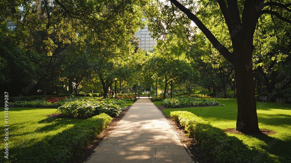 Obraz premium Sunlit park path, green trees, flowers, grass.