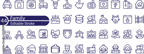 Types of family structures, thin line icon set. Outline symbol collection. Editable vector stroke.