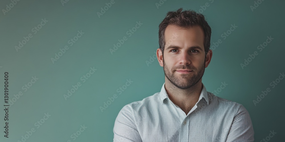 Obraz premium Confident Young Man Posing Against a Soft Green Background in a Casual Shirt