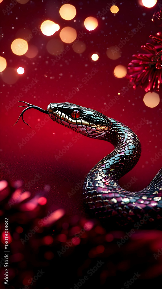 Obraz premium 3D Illustration Red Background Snake Scales Reptile Tongue Eye