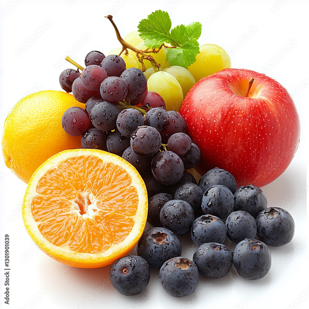 Fresh fruits including lemon, orange, red apple, purple grapes, green grapes, and blueberries, isolated on white background. Fresh fruits including lemon, orange, red apple, purple grapes, green grapes, and blueberries, isolated on white background.