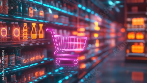 Wallpaper Mural Pink Neon Shopping Cart in Futuristic Grocery Store Torontodigital.ca