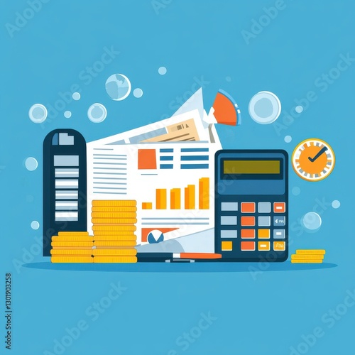 Budget management cost control, financial tools and money-saving visuals, flat design illustration