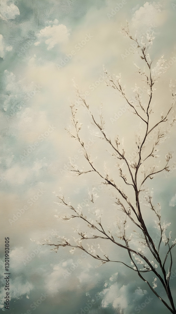 Obraz premium Illustration - Serene Tree Branches with White Blossoms and a Soft Cloudy Sky