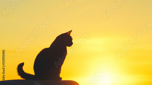 Sleek Cat Silhouette Curled Tail Serene Against Sunset