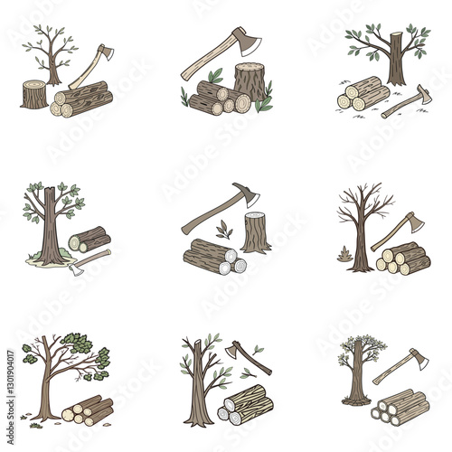Wood logs, branches and tree trunks set isolated on white background and Vector cartoon illustration 