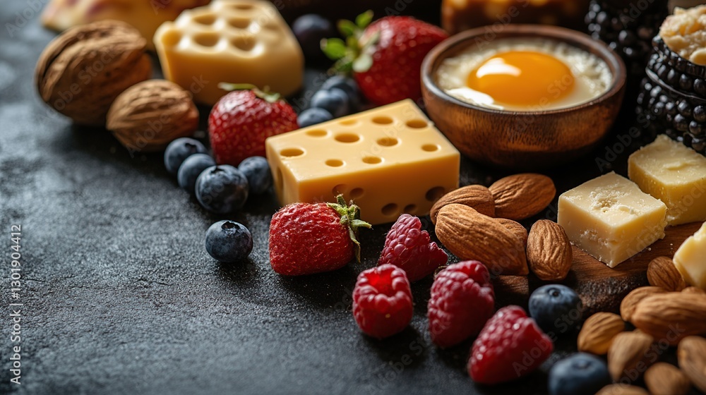 Assorted cheeses, fruits, and nuts on dark surface with poached egg Assorted cheeses, fruits, and nuts on dark surface with poached egg