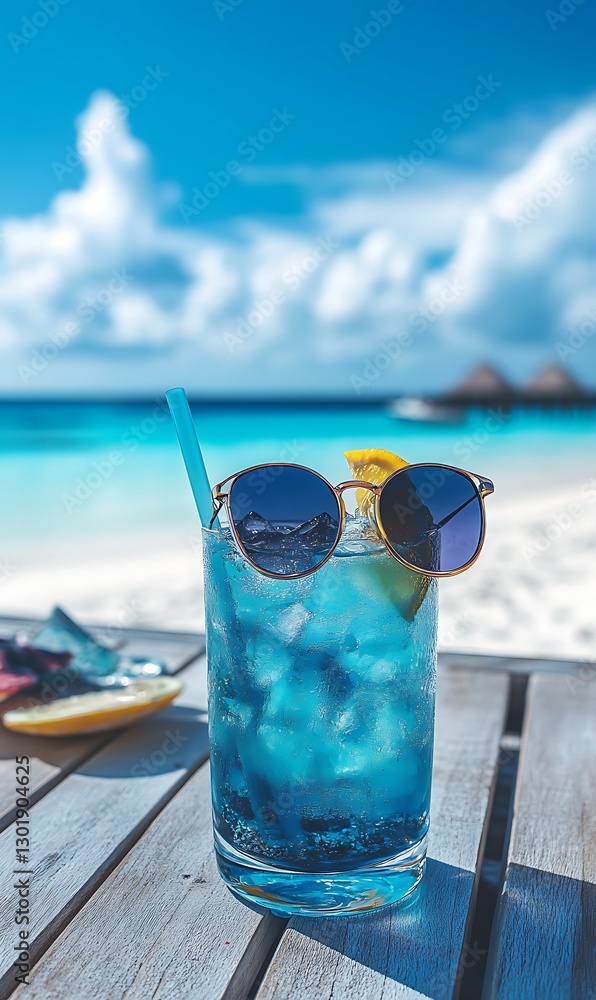 a blue drink with sunglasses on a wooden table a blue drink with sunglasses on a wooden table