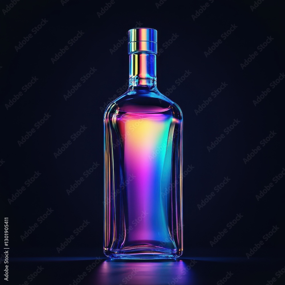 Iridescent vodka bottle glowing with chromatic hues, sleek minimalistic design with laser-etched details, futuristic premium branding Iridescent vodka bottle glowing with chromatic hues, sleek minimalistic design with laser-etched details, futuristic premium branding