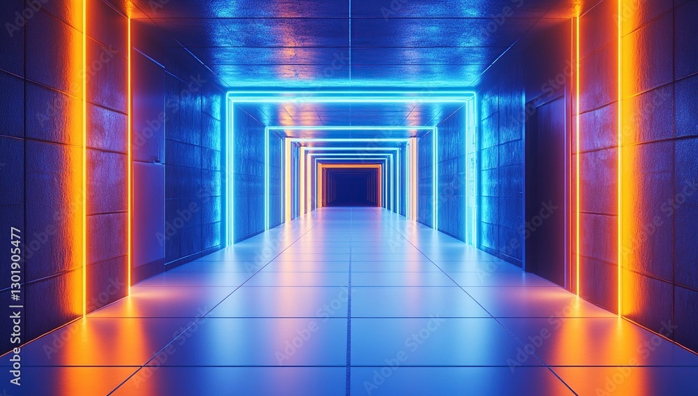 Futuristic Neon Tunnel with Blue and Orange Glowing Lights Futuristic Neon Tunnel with Blue and Orange Glowing Lights