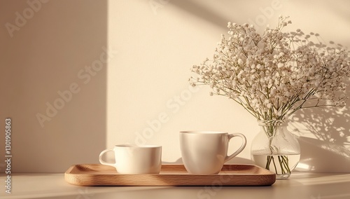 Wallpaper Mural Two White Cups on Wooden Tray with White Flowers in Vase, Sunlight Torontodigital.ca