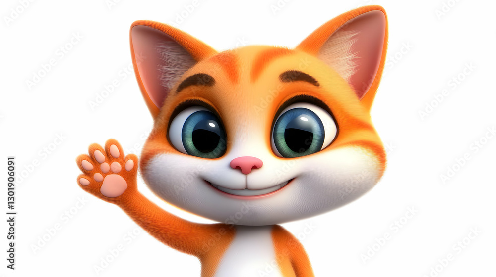 Fototapeta premium 3D Illustration Cute Cat Waving Paw, Smiling