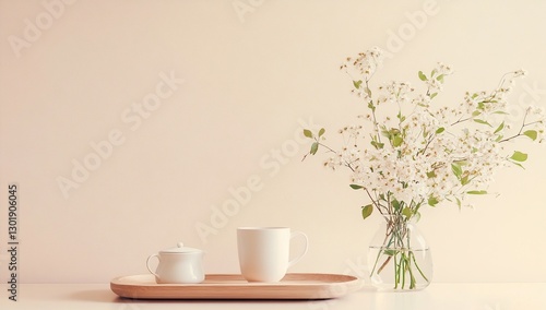 Wallpaper Mural White Teacup and Flowers on Wooden Tray Torontodigital.ca