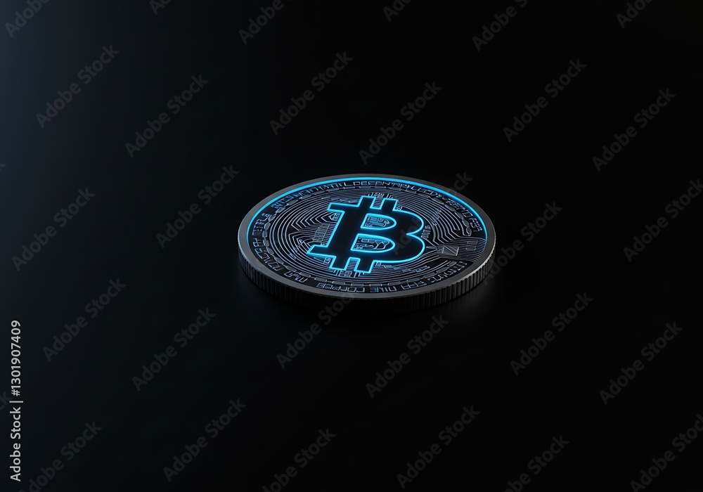 Bitcoin Coin on Dark Background with Glowing Blue Symbol Illustration Bitcoin Coin on Dark Background with Glowing Blue Symbol Illustration