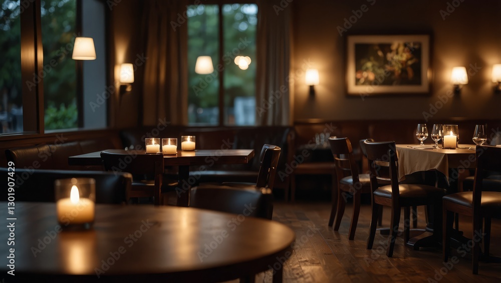 Elegant restaurant scene, showcasing an empty dark wood table with a softly lit, out-of-focus dining area Elegant restaurant scene, showcasing an empty dark wood table with a softly lit, out-of-focus dining area
