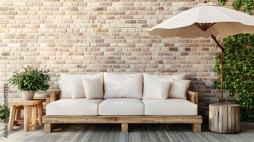 Serene Outdoor Patio with Wooden Sofa, Brick Wall, and Parasol