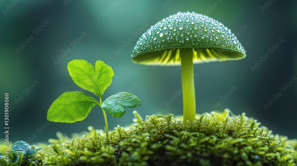 Dewy green mushroom and sprout on mossy forest floor Dewy green mushroom and sprout on mossy forest floor