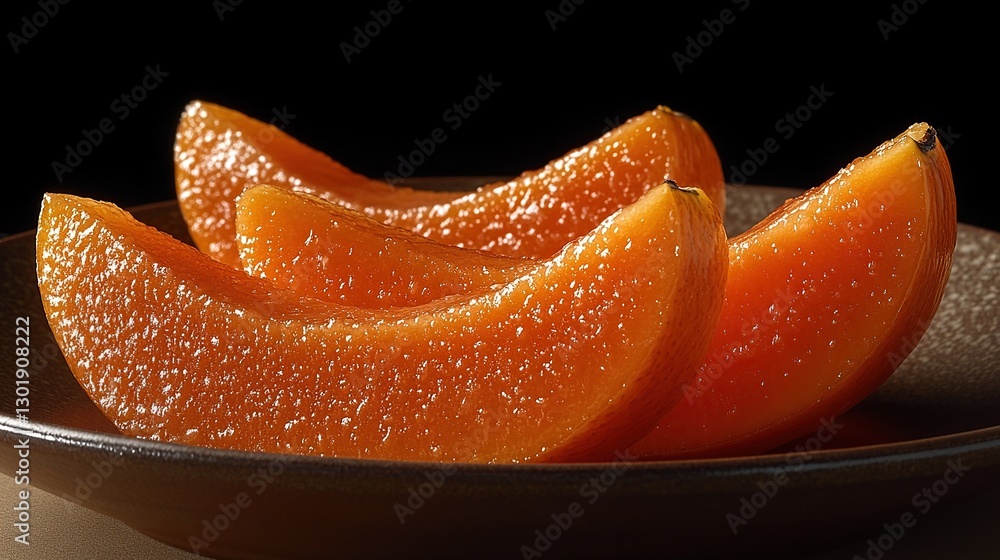 Candied fruit slices on dark plate, studio shot Candied fruit slices on dark plate, studio shot