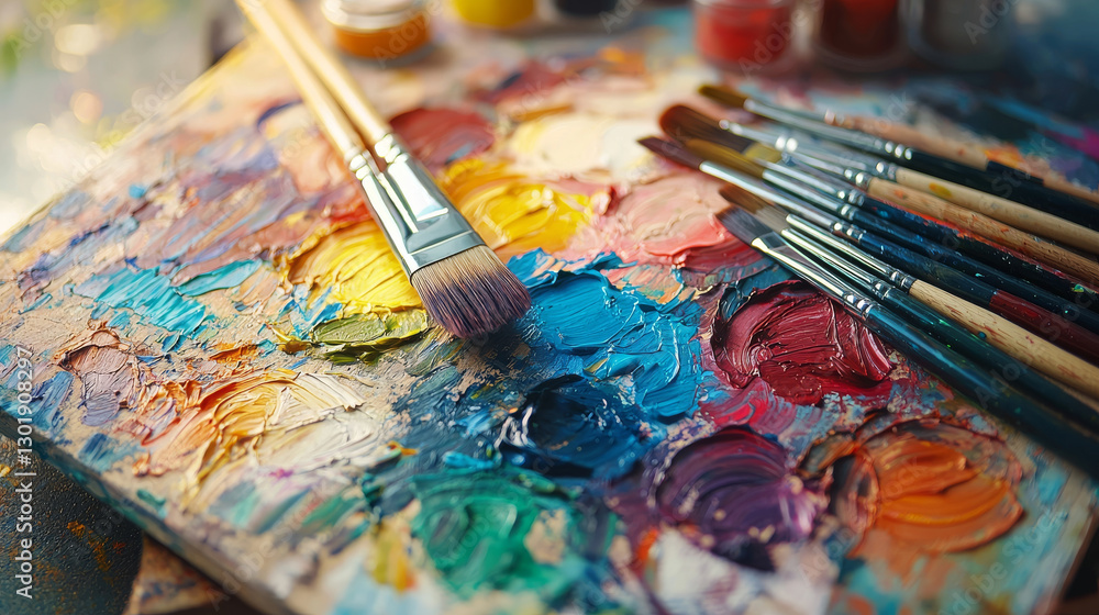Obraz premium Vibrant watercolor paint palette with brushes, showcasing colorful array of paints. Perfect for artists and creative projects
