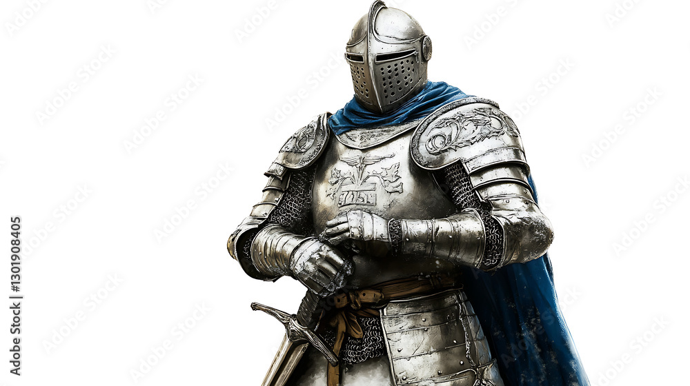 Medieval Knight in Silver Armor with Blue Cape Medieval Knight in Silver Armor with Blue Cape