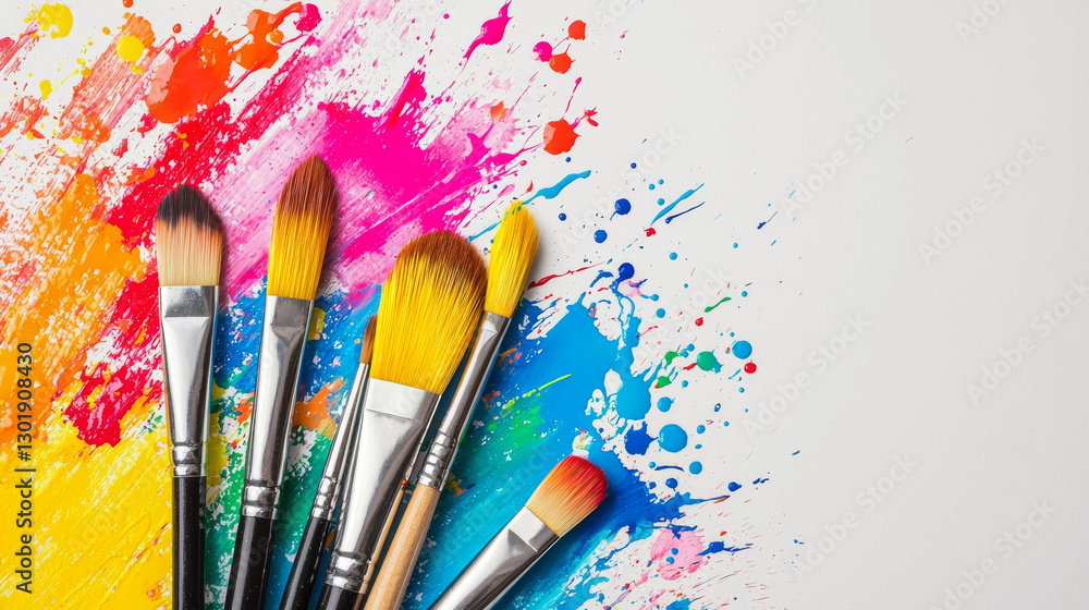Fototapeta premium Vibrant paint splashes with brushes create colorful artistic scene