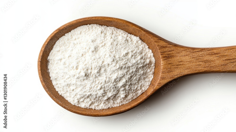 A wooden spoon holds a mound of white powder, likely flour, against a clean, white background, emphasizing its texture and purity. A wooden spoon holds a mound of white powder, likely flour, against a clean, white background, emphasizing its texture and purity.
