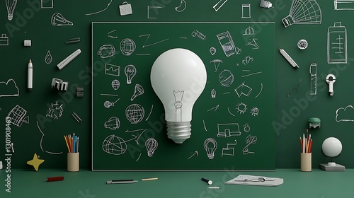 Bright Idea: 3D Render of Lightbulb on Chalkboard Background AI Generated