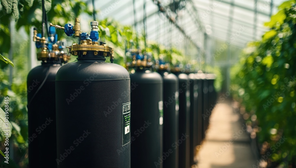 Modern Greenhouse Hydroponic System with Black Cylinders and Green Plants Modern Greenhouse Hydroponic System with Black Cylinders and Green Plants