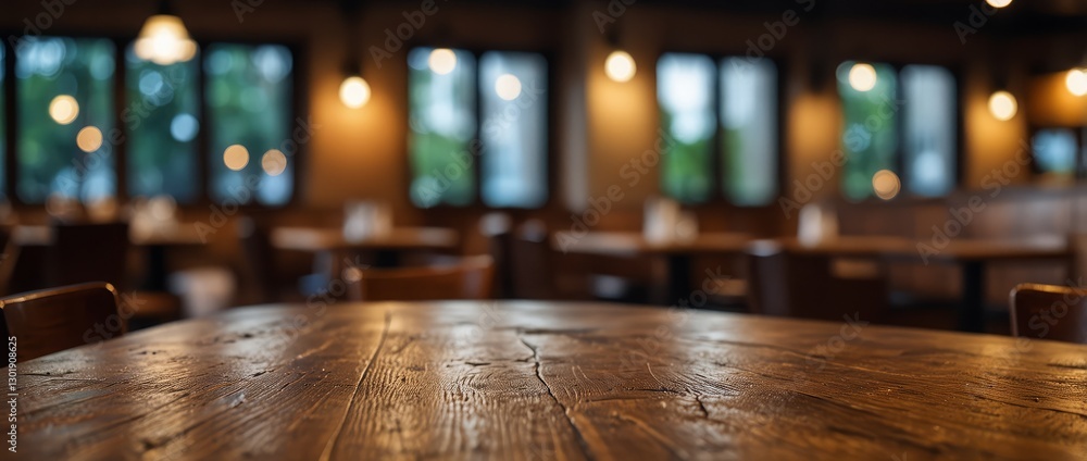 Fototapeta premium Empty rustic wood table and blurred soft light table in restaurant with bokeh background