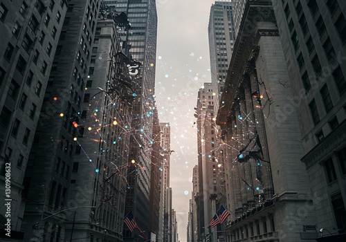 Wallpaper Mural Network Connecting City Buildings with American Flags in Urban Setting Torontodigital.ca