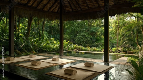 Tranquil outdoor spa with massage beds overlooking a lush tropical garden and pool.