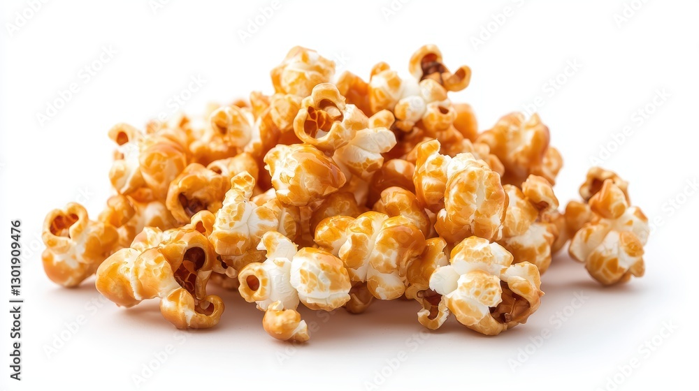 A pile of buttery popcorn kernels, golden brown and fluffy, sits against a clean white background, perfect for snacking or movie nights. A pile of buttery popcorn kernels, golden brown and fluffy, sits against a clean white background, perfect for snacking or movie nights.
