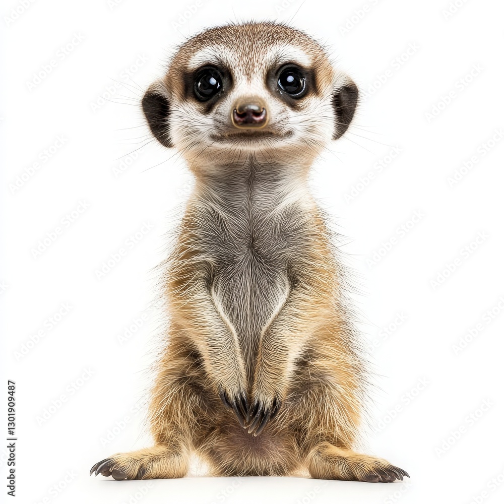 Fototapeta premium Adorable Brown Meerkat with Large Eyes on White Background