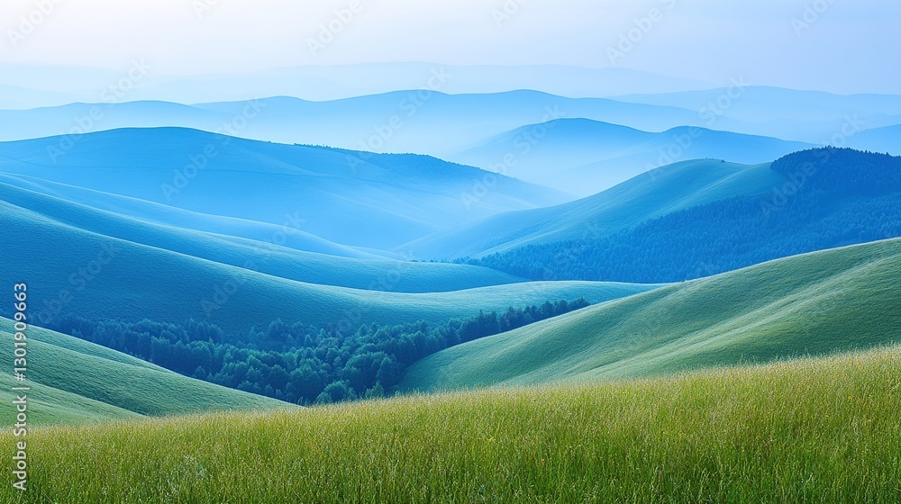 Fototapeta premium Misty mountain range, tranquil landscape, morning light, rolling hills