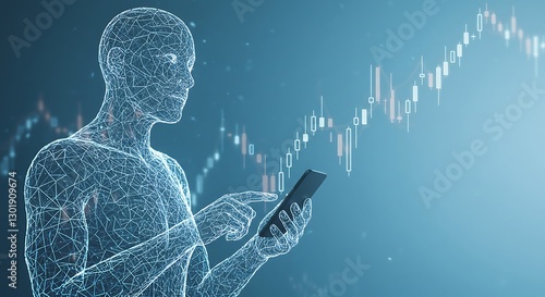 Wallpaper Mural Wireframe Human Using Mobile Phone with Stock Market Graph Background Torontodigital.ca