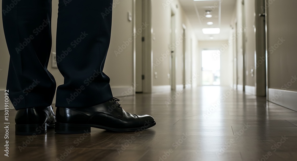 Fototapeta premium Man Standing in Hallway Wearing Dress Shoes and Dark Blue Suit Pants